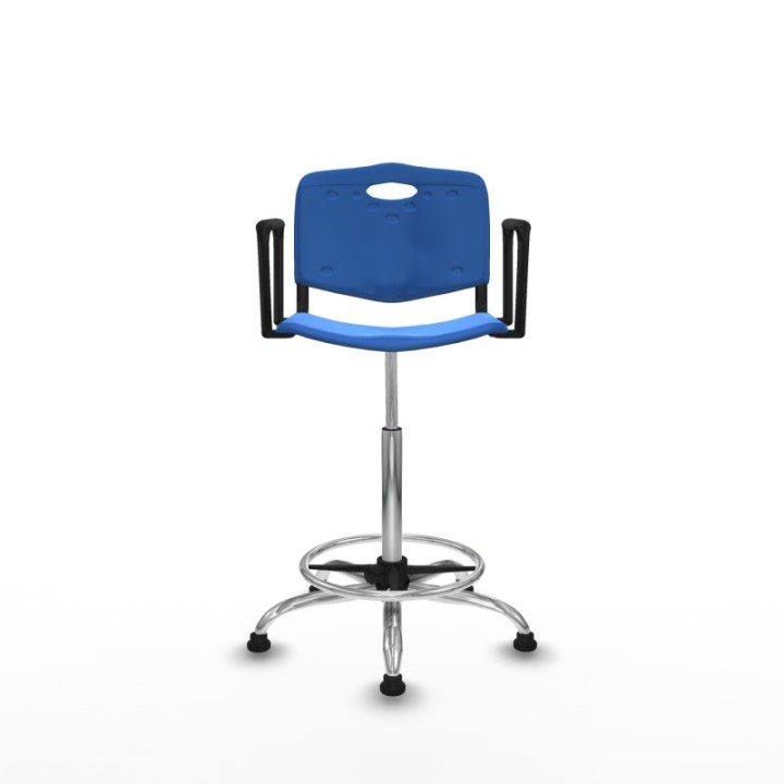 Taburete Robledo giratorio plástico azul brazos fijos base cromada topes