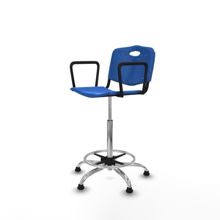 Taburete Robledo giratorio plástico azul brazos fijos base cromada topes