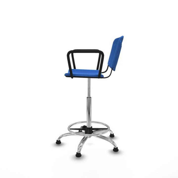 Taburete Robledo giratorio plástico azul brazos fijos base cromada topes