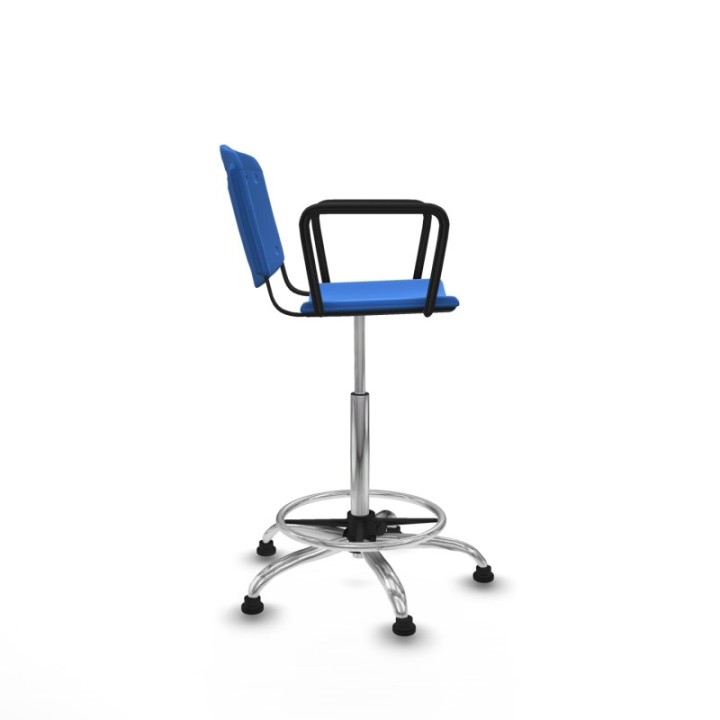 Taburete Robledo giratorio plástico azul brazos fijos base cromada topes