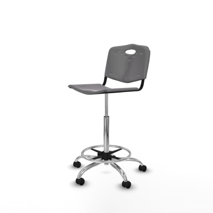 Taburete Robledo giratorio plástico gris claro sin brazos base cromada ruedas autofrenantes 50mm