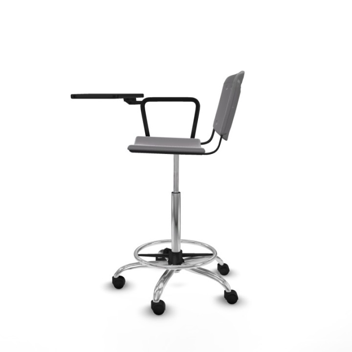 Taburete Robledo giratorio plástico gris claro brazo con pala diestros base cromada ruedas nailon 50mm