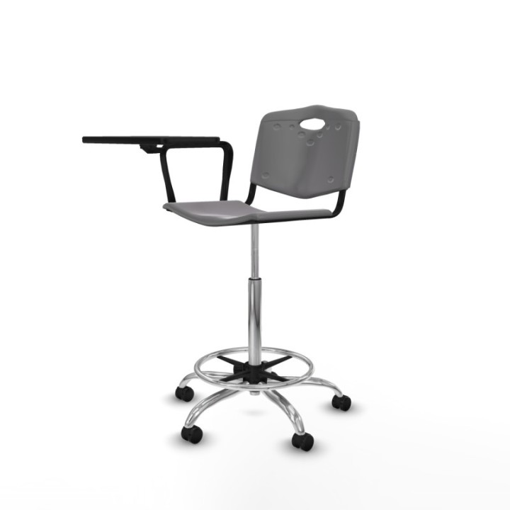 Taburete Robledo giratorio plástico gris claro brazo con pala diestros base cromada ruedas engomadas 50mm