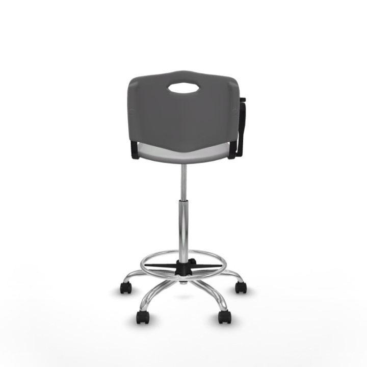 Taburete Robledo giratorio plástico gris claro brazo con pala diestros base cromada ruedas engomadas 50mm