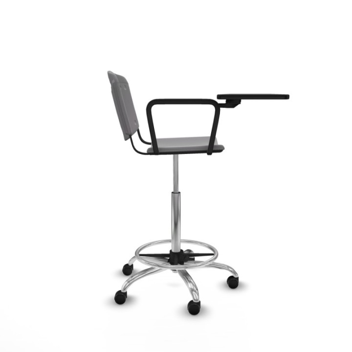 Taburete Robledo giratorio plástico gris claro brazo con pala diestros base cromada ruedas engomadas 50mm