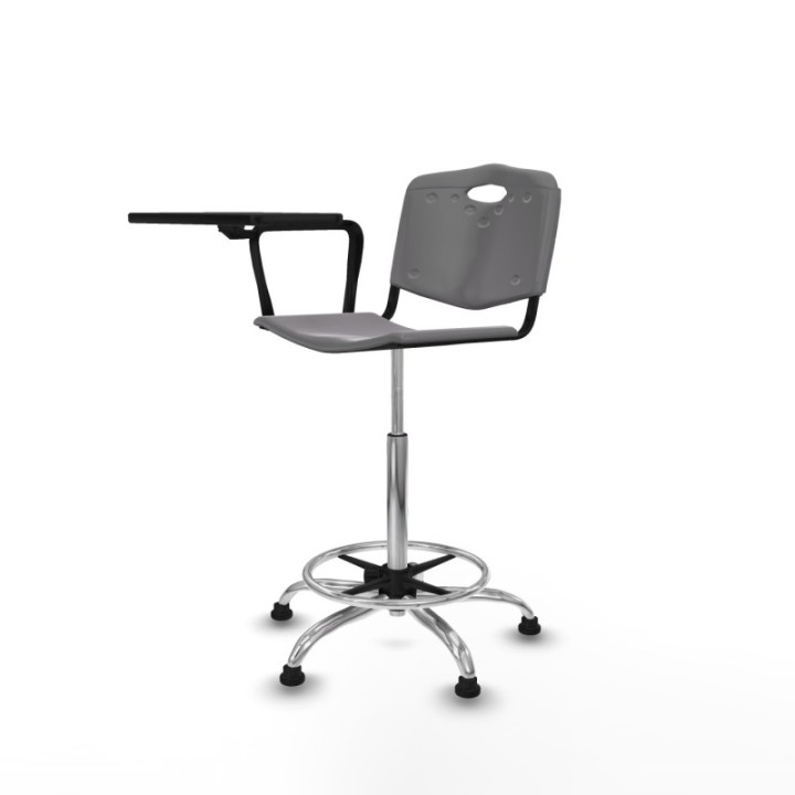 Taburete Robledo giratorio plástico gris claro brazo con pala diestros base cromada topes
