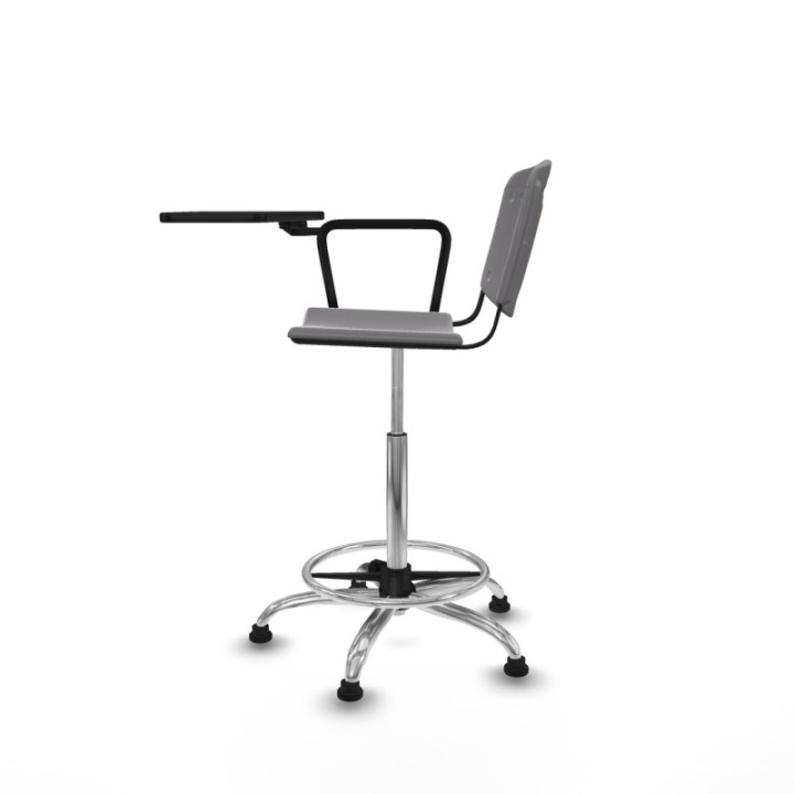 Taburete Robledo giratorio plástico gris claro brazo con pala diestros base cromada topes