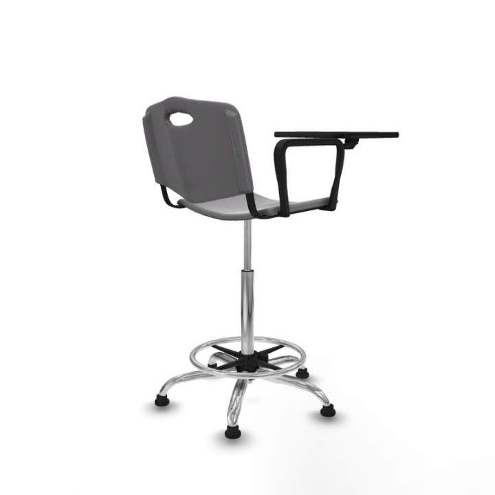 Taburete Robledo giratorio plástico gris claro brazo con pala diestros base cromada topes