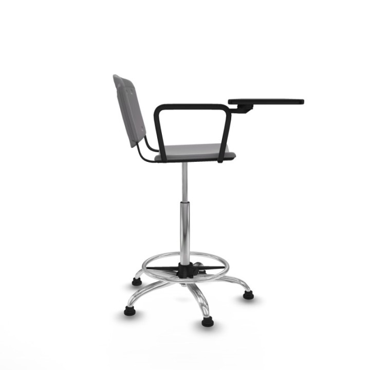 Taburete Robledo giratorio plástico gris claro brazo con pala diestros base cromada topes