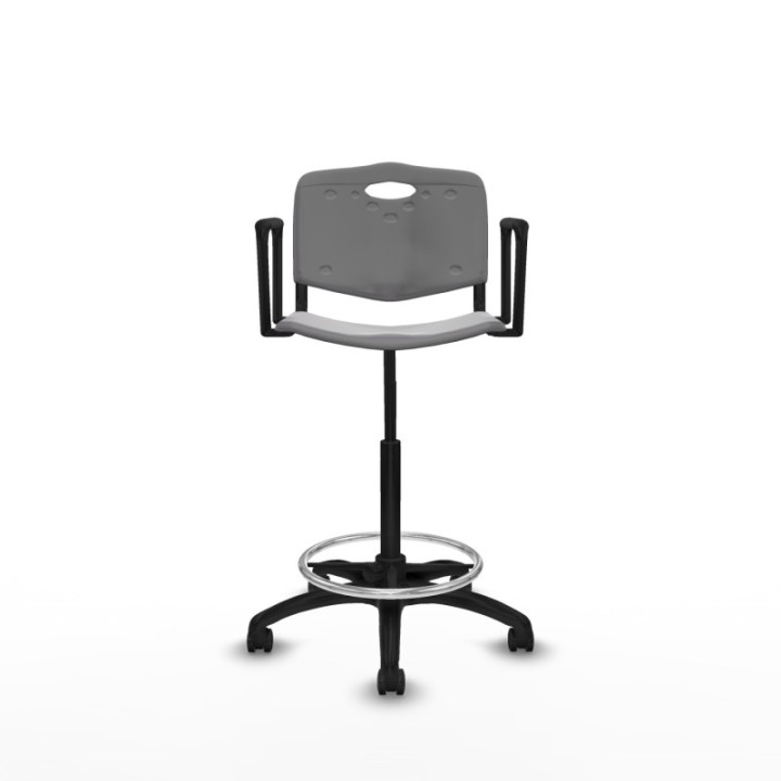 Taburete Robledo giratorio plástico gris claro brazos fijos base poliamida ruedas autofrenantes 50mm