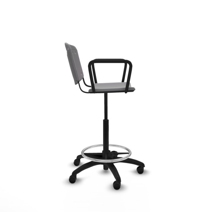 Taburete Robledo giratorio plástico gris claro brazos fijos base poliamida ruedas autofrenantes 50mm