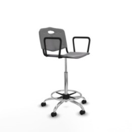 Taburete Robledo giratorio plástico gris claro brazos fijos base cromada ruedas autofrenantes 50mm