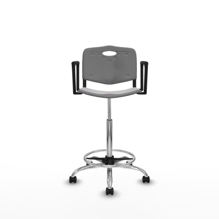 Taburete Robledo giratorio plástico gris claro brazos fijos base cromada ruedas autofrenantes 50mm