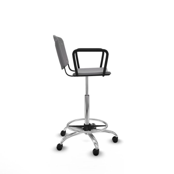 Taburete Robledo giratorio plástico gris claro brazos fijos base cromada ruedas autofrenantes 50mm