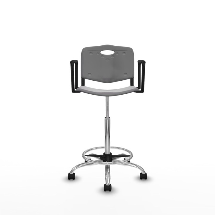 Taburete Robledo giratorio plástico gris claro brazos fijos base cromada ruedas nailon 50mm