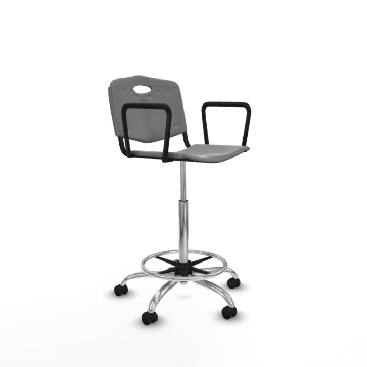 Taburete Robledo giratorio plástico gris claro brazos fijos base cromada ruedas engomadas 50mm