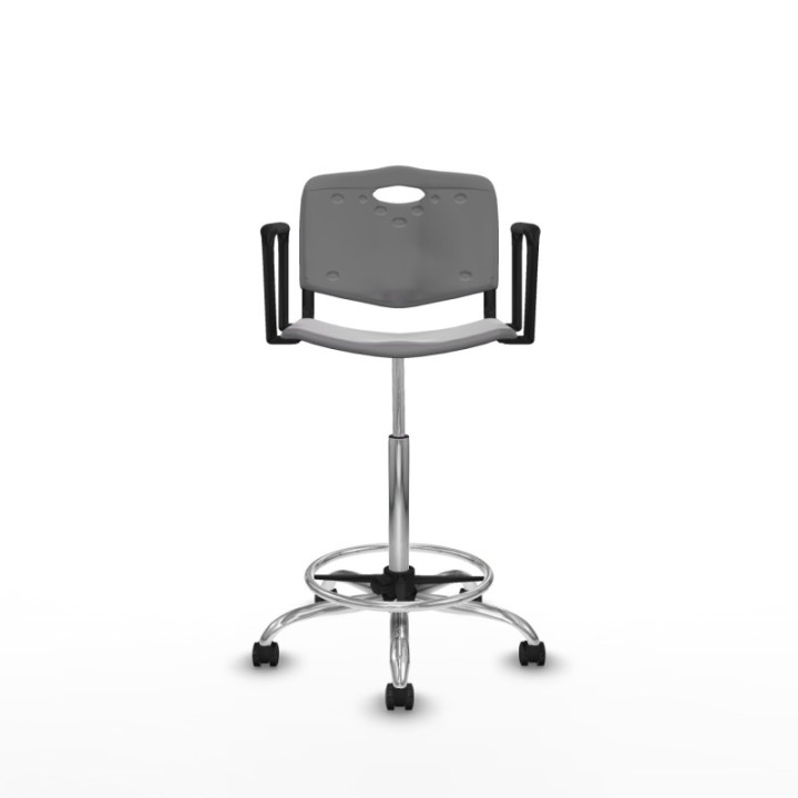 Taburete Robledo giratorio plástico gris claro brazos fijos base cromada ruedas engomadas 50mm