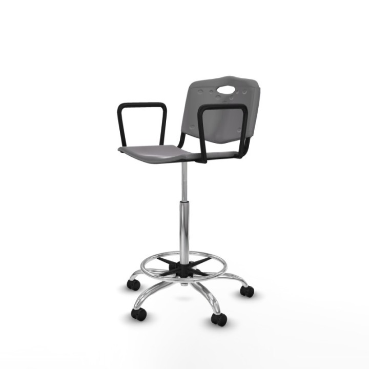 Taburete Robledo giratorio plástico gris claro brazos fijos base cromada ruedas engomadas 50mm
