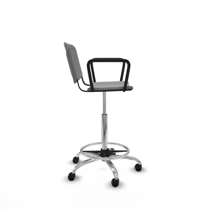Taburete Robledo giratorio plástico gris claro brazos fijos base cromada ruedas engomadas 50mm