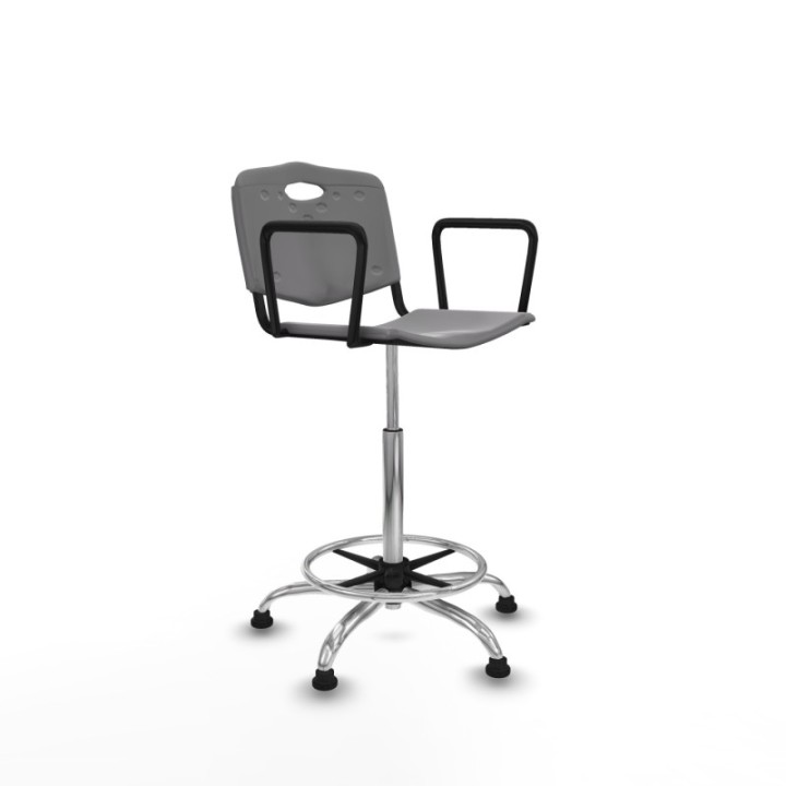 Taburete Robledo giratorio plástico gris claro brazos fijos base cromada topes