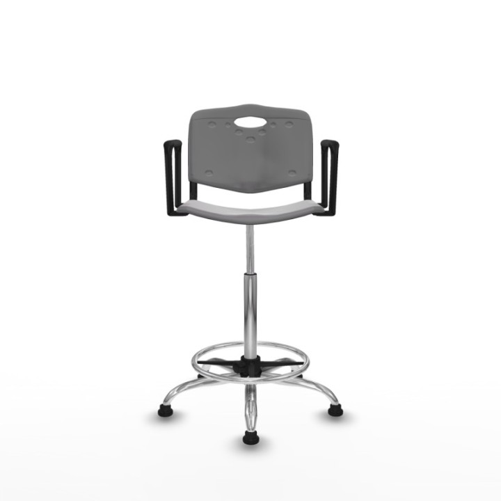 Taburete Robledo giratorio plástico gris claro brazos fijos base cromada topes