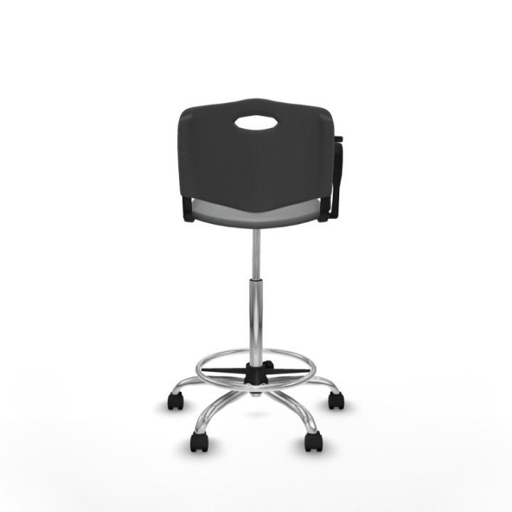 Taburete Robledo giratorio plástico gris oscuro brazo con pala diestros base cromada ruedas nailon 50mm