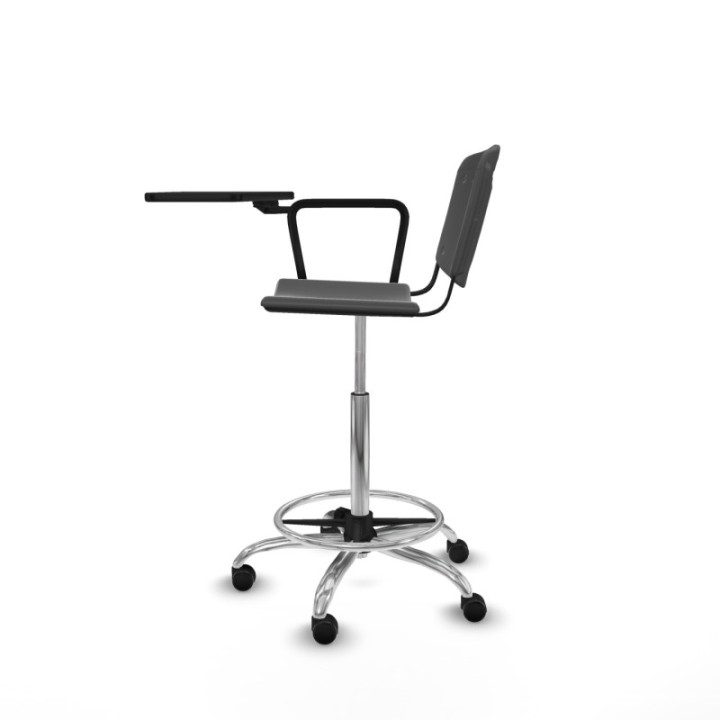 Taburete Robledo giratorio plástico gris oscuro brazo con pala diestros base cromada ruedas engomadas 50mm