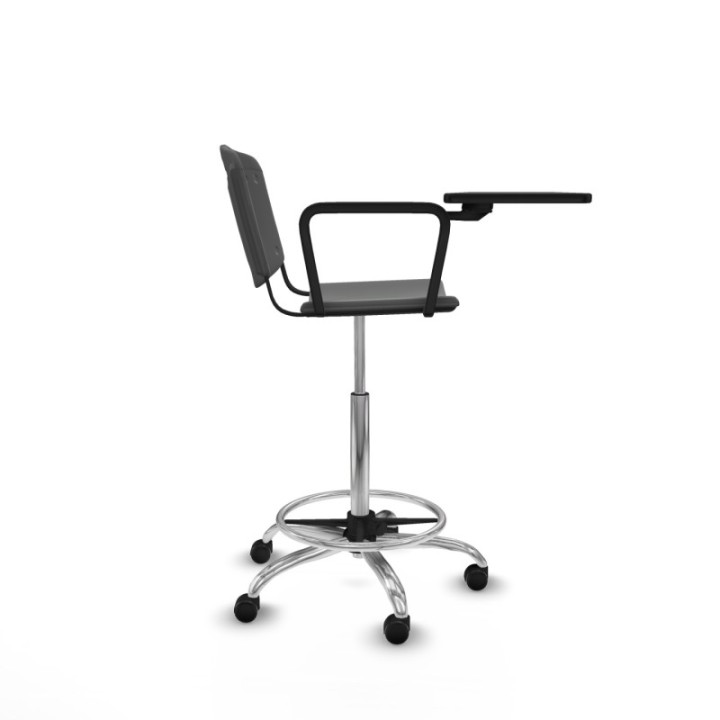 Taburete Robledo giratorio plástico gris oscuro brazo con pala diestros base cromada ruedas engomadas 50mm