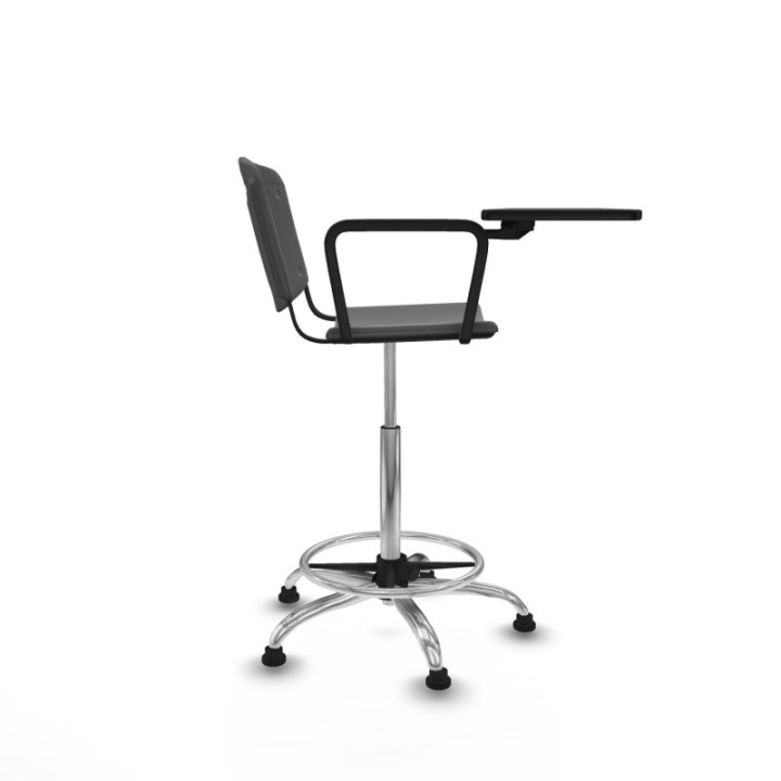 Taburete Robledo giratorio plástico gris oscuro brazo con pala diestros base cromada topes