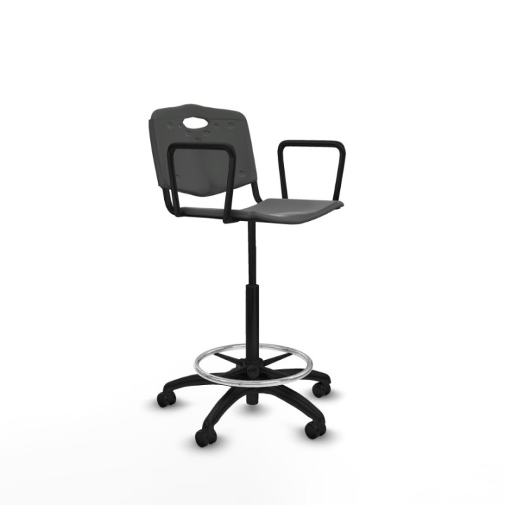 Taburete Robledo giratorio plástico gris oscuro brazos fijos base poliamida ruedas engomadas 50mm