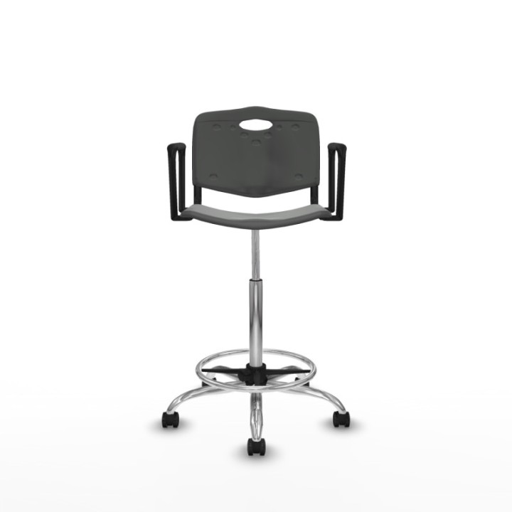 Taburete Robledo giratorio plástico gris oscuro brazos fijos base cromada ruedas autofrenantes 50mm