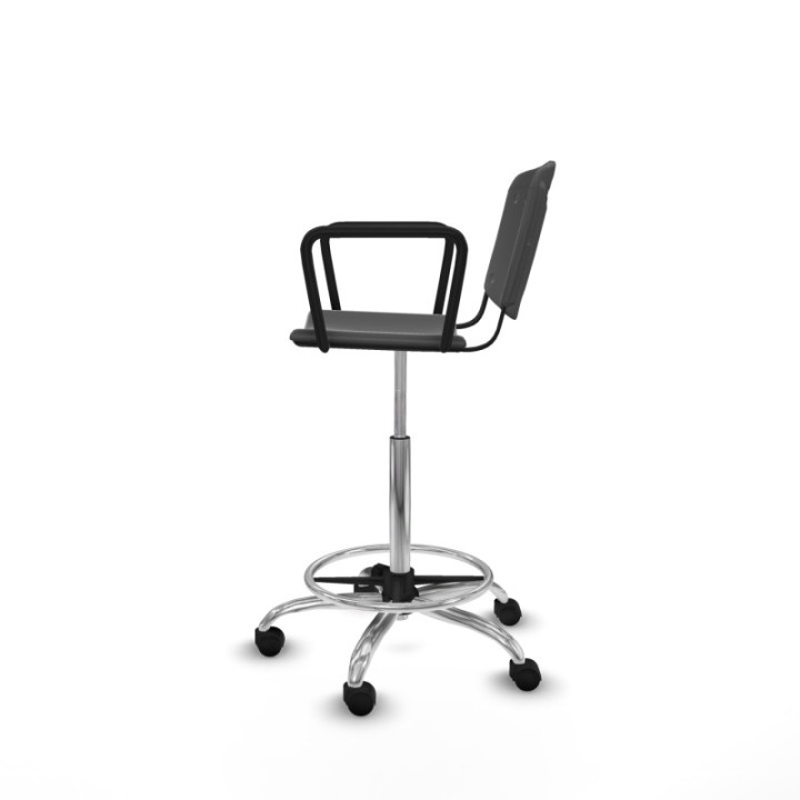 Taburete Robledo giratorio plástico gris oscuro brazos fijos base cromada ruedas nailon 50mm