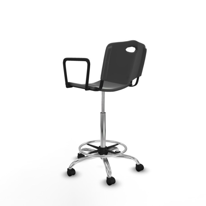 Taburete Robledo giratorio plástico gris oscuro brazos fijos base cromada ruedas nailon 50mm