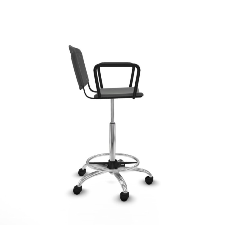 Taburete Robledo giratorio plástico gris oscuro brazos fijos base cromada ruedas nailon 50mm