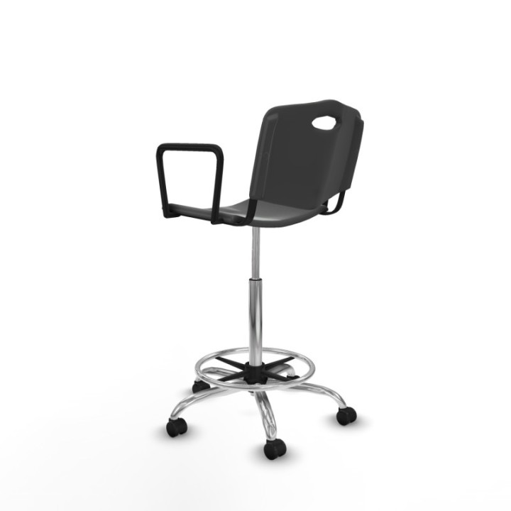 Taburete Robledo giratorio plástico gris oscuro brazos fijos base cromada ruedas engomadas 50mm