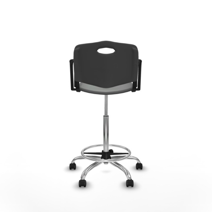 Taburete Robledo giratorio plástico gris oscuro brazos fijos base cromada ruedas engomadas 50mm