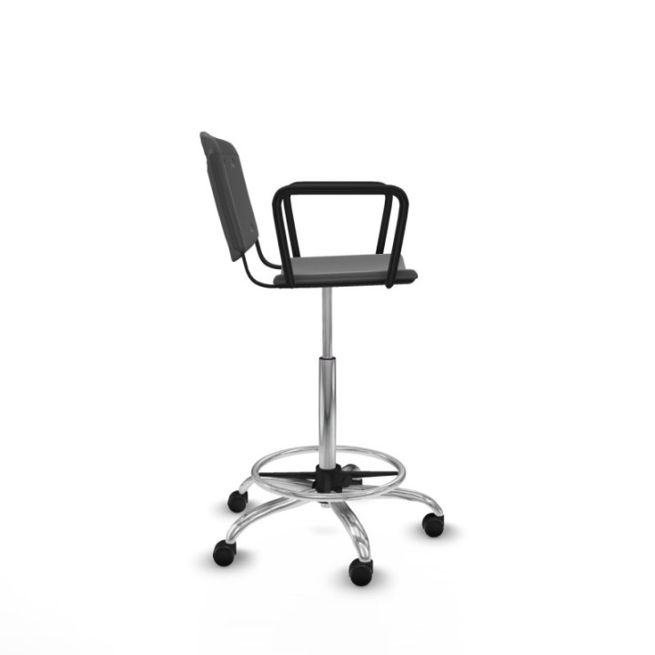 Taburete Robledo giratorio plástico gris oscuro brazos fijos base cromada ruedas engomadas 50mm