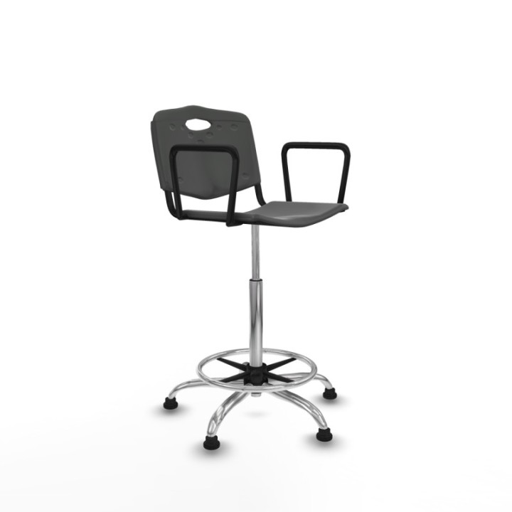 Taburete Robledo giratorio plástico gris oscuro brazos fijos base cromada topes