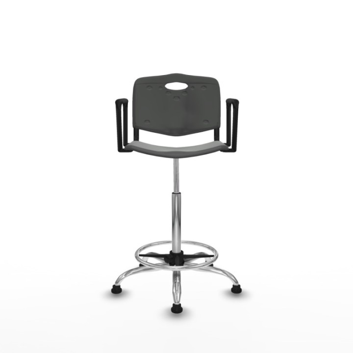 Taburete Robledo giratorio plástico gris oscuro brazos fijos base cromada topes