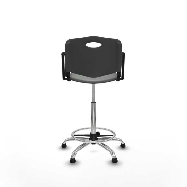 Taburete Robledo giratorio plástico gris oscuro brazos fijos base cromada topes