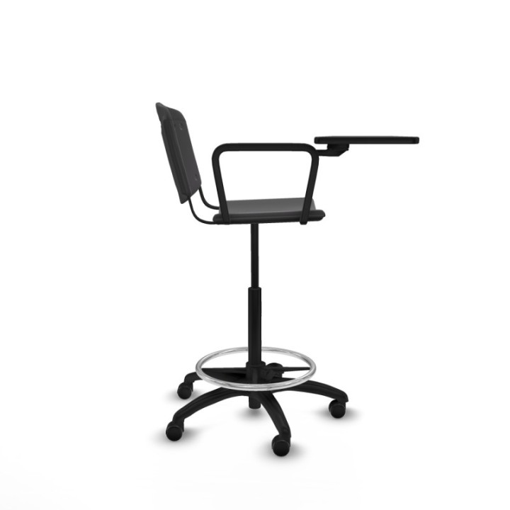 Taburete Robledo giratorio plástico negro brazo con pala diestros base poliamida ruedas autofrenantes 50mm