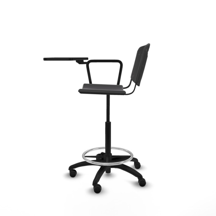 Taburete Robledo giratorio plástico negro brazo con pala diestros base poliamida ruedas engomadas 50mm