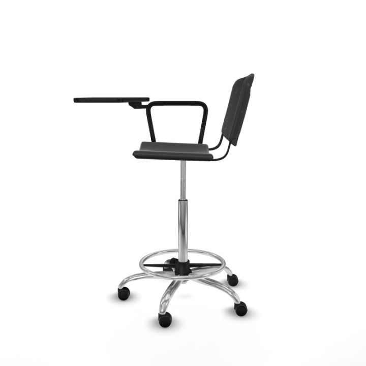 Taburete Robledo giratorio plástico negro brazo con pala diestros base cromada ruedas autofrenantes 50mm