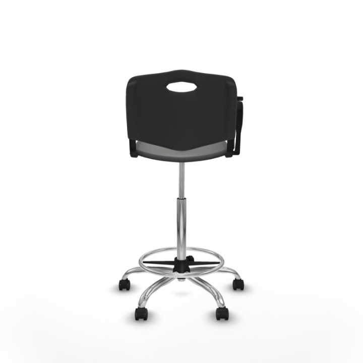 Taburete Robledo giratorio plástico negro brazo con pala diestros base cromada ruedas autofrenantes 50mm