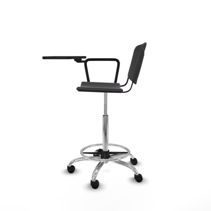 Taburete Robledo giratorio plástico negro brazo con pala diestros base cromada ruedas nailon 50mm