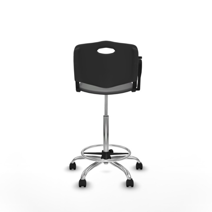 Taburete Robledo giratorio plástico negro brazo con pala diestros base cromada ruedas nailon 50mm