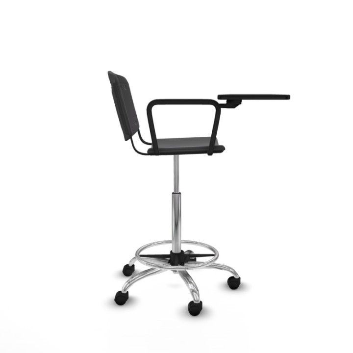 Taburete Robledo giratorio plástico negro brazo con pala diestros base cromada ruedas nailon 50mm