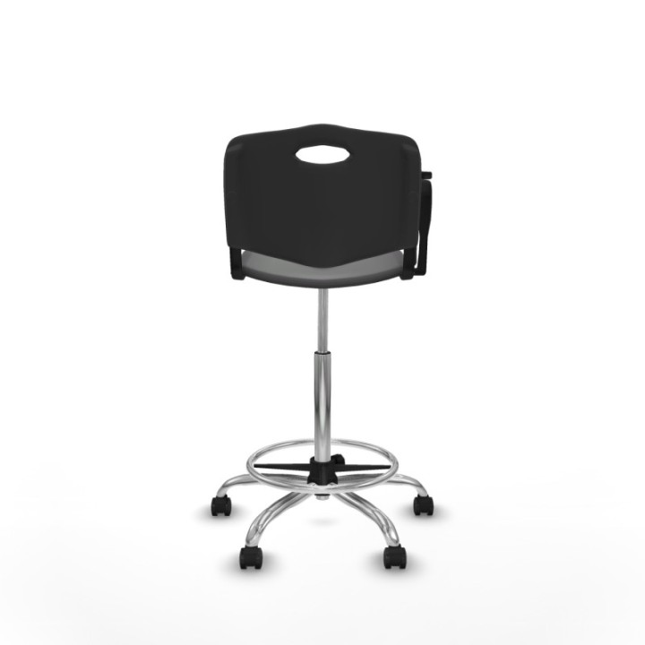 Taburete Robledo giratorio plástico negro brazo con pala diestros base cromada ruedas engomadas 50mm