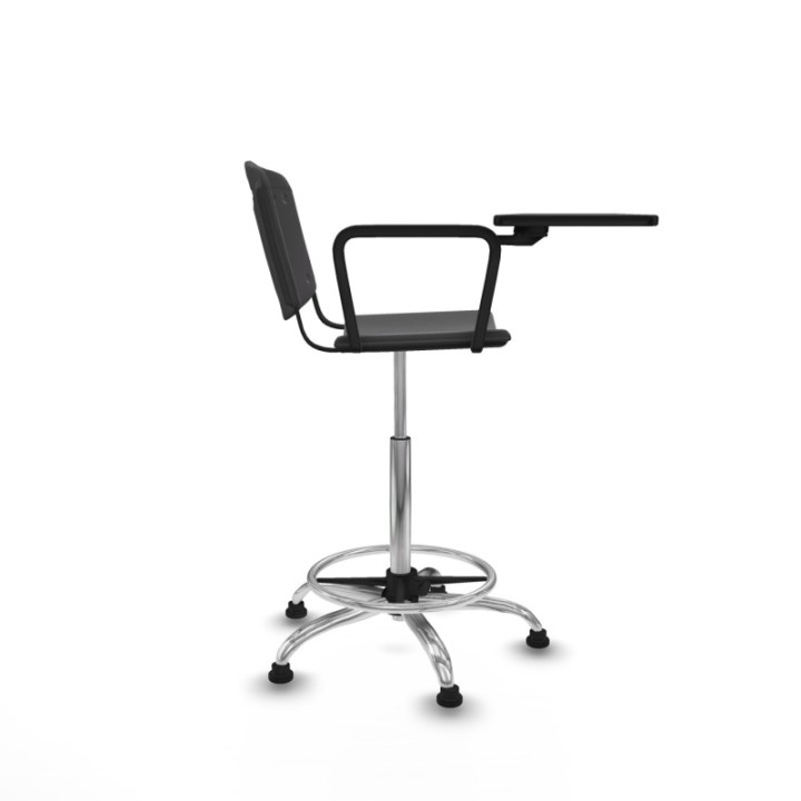 Taburete Robledo giratorio plástico negro brazo con pala diestros base cromada topes