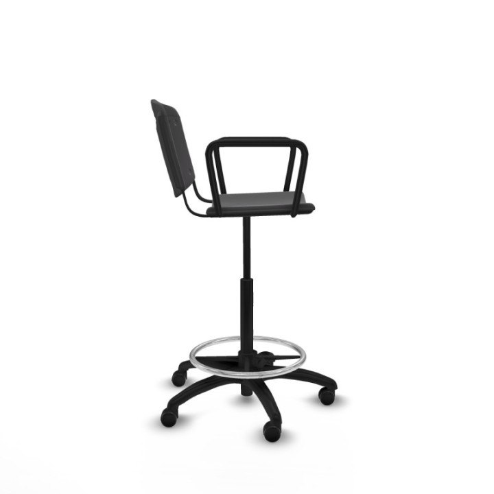 Taburete Robledo giratorio plástico negro brazos fijos base poliamida ruedas autofrenantes 50mm